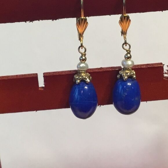 Goldtone and Lapis Leverback Earrings - Picture 2 of 5